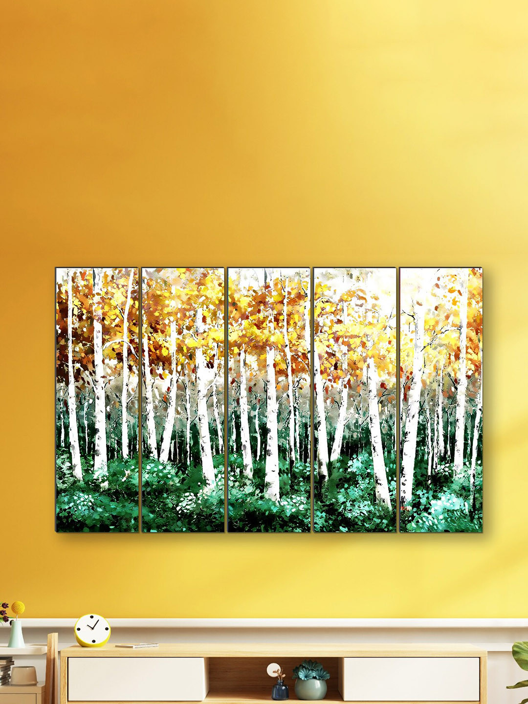 SAF Yellow & White 5 Pieces Forest Panel Wall Painting