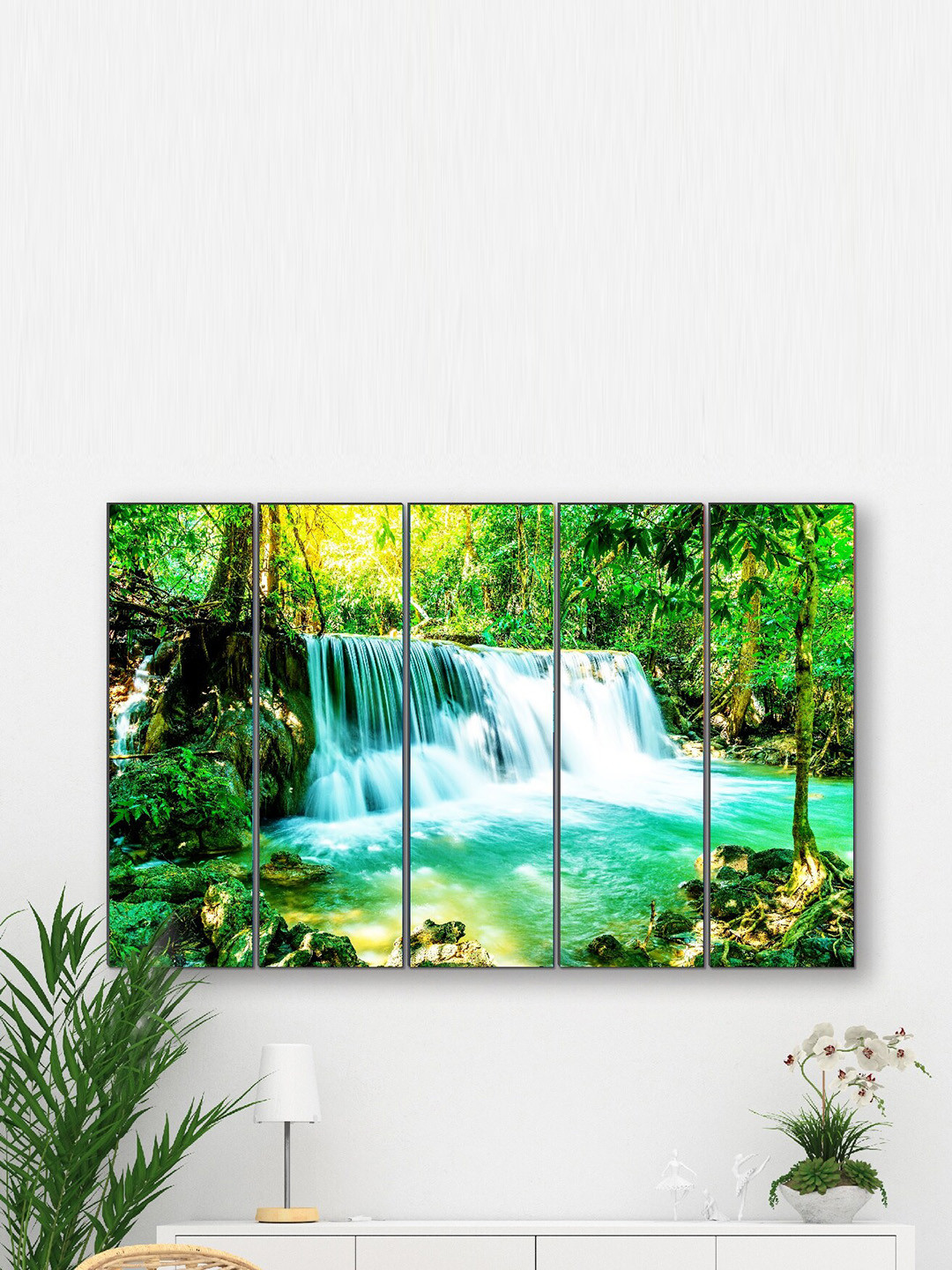 SAF Blue & Green 5 Pieces Waterfall Nature Framed Wall Painting