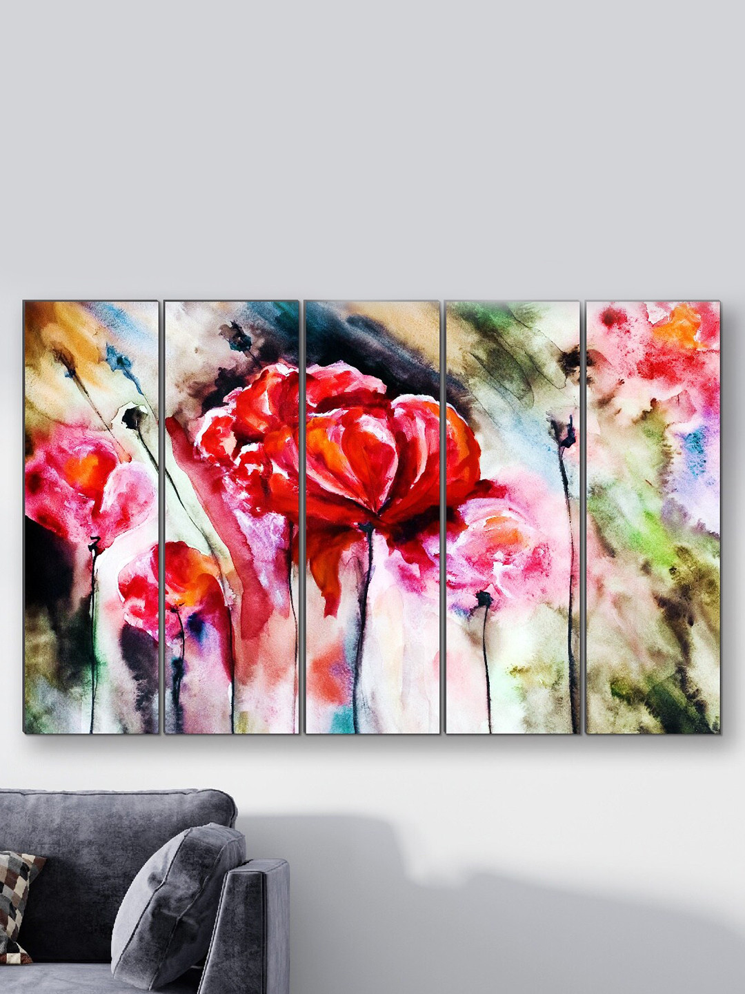 SAF Pink & Red Rose 5 Pieces Printed Framed Wall Arts