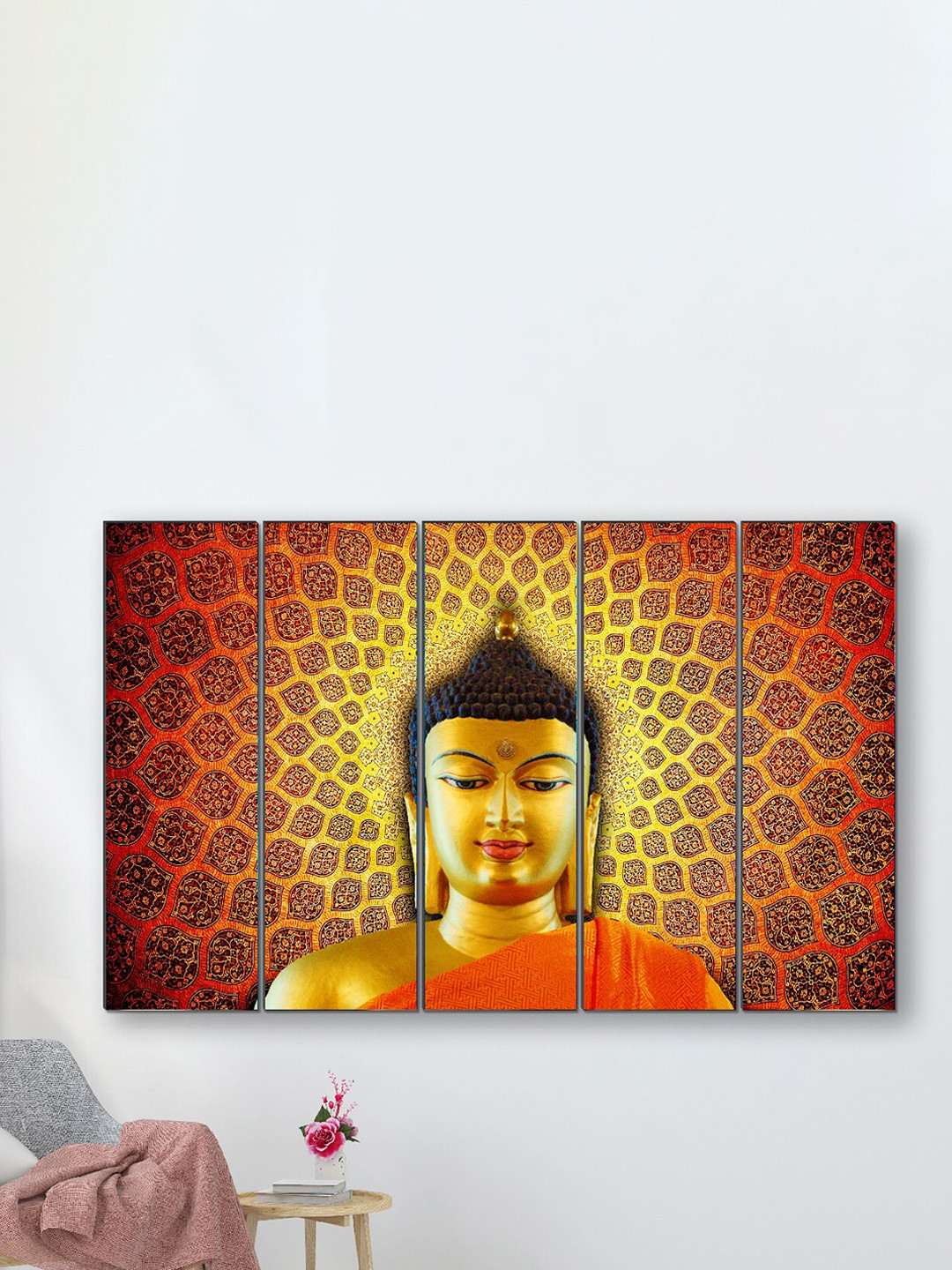 SAF Gold & Orange 5 Pieces Buddha Religious Framed Wall Painting