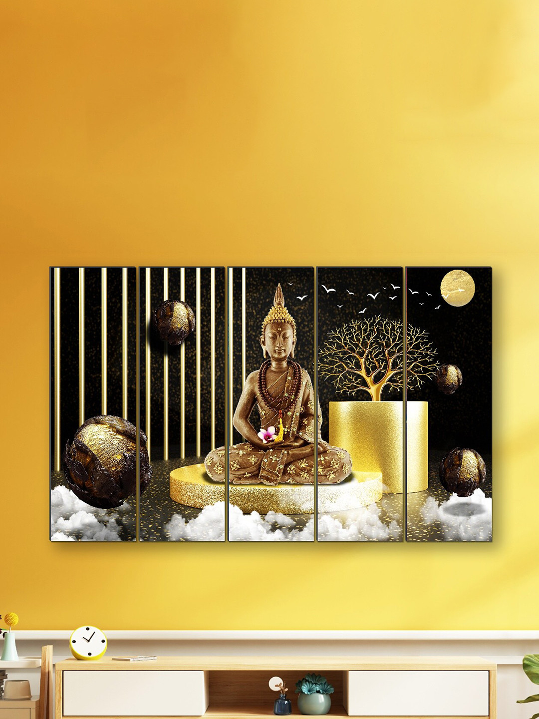 SAF Black & Brown 5 Pieces Hand Painted Buddha Religious Wall Art
