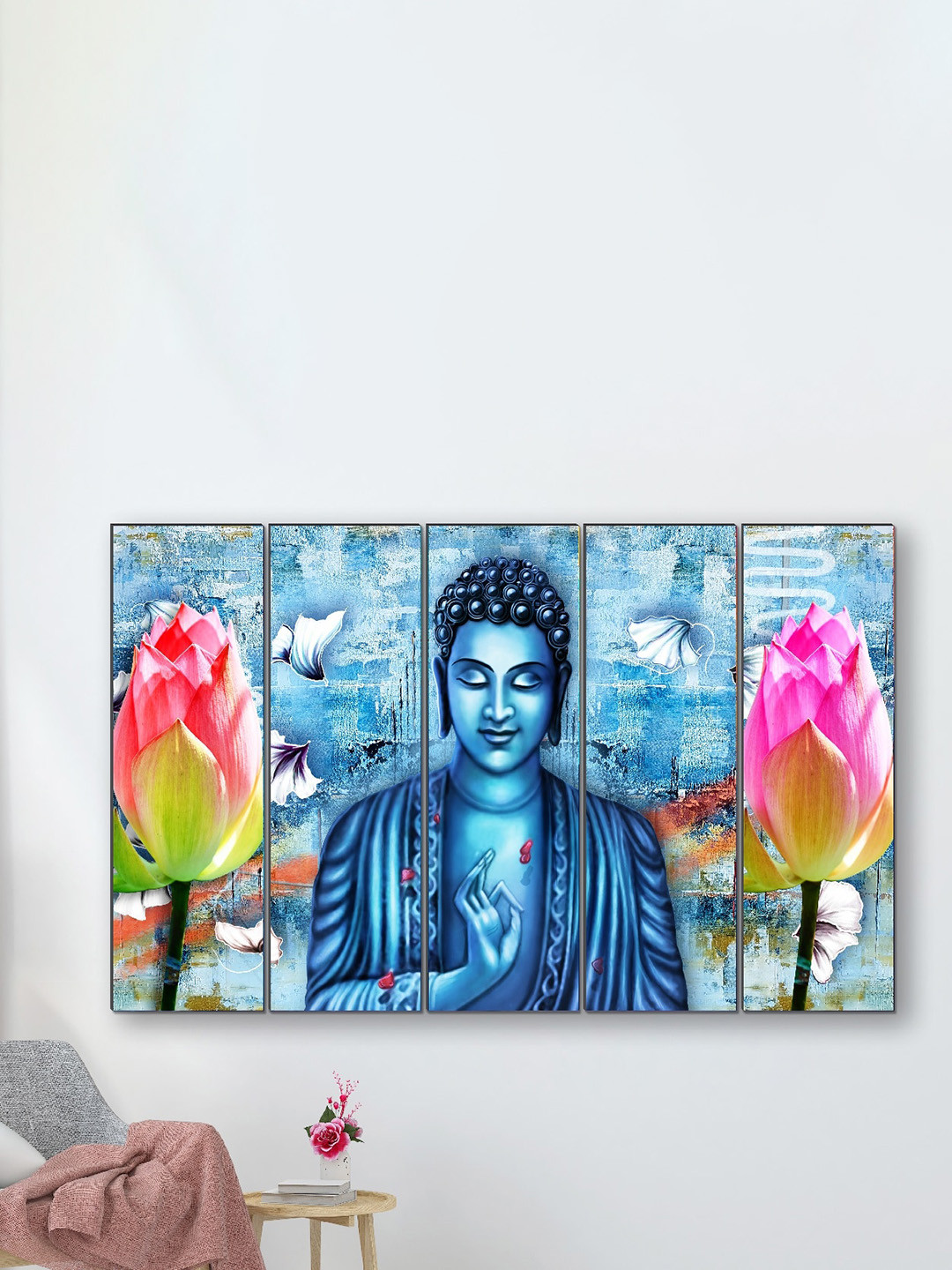 SAF 5 PC Blue & Pink Buddha Religious Framed Wall Painting