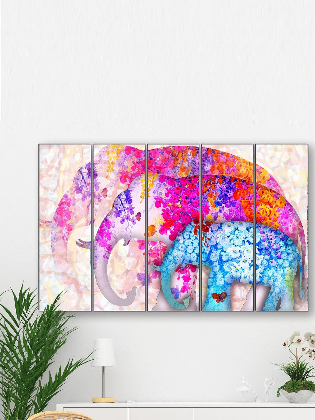 SAF Pink & Blue 5 Pieces Elephant Framed Wall Art
