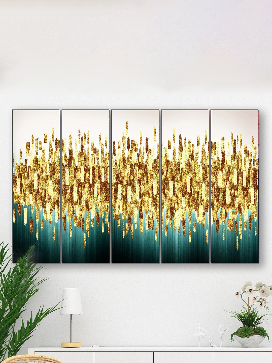 SAF Gold & Teal 5 Pieces Framed Wall Painting