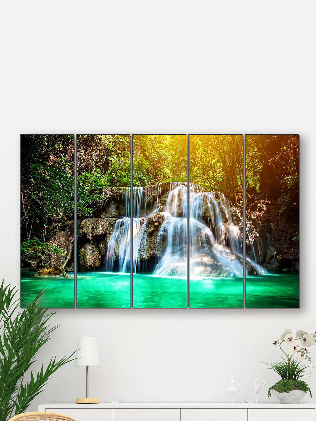 SAF Blue & Green 5 Pieces Waterfall Nature Framed Wall Painting
