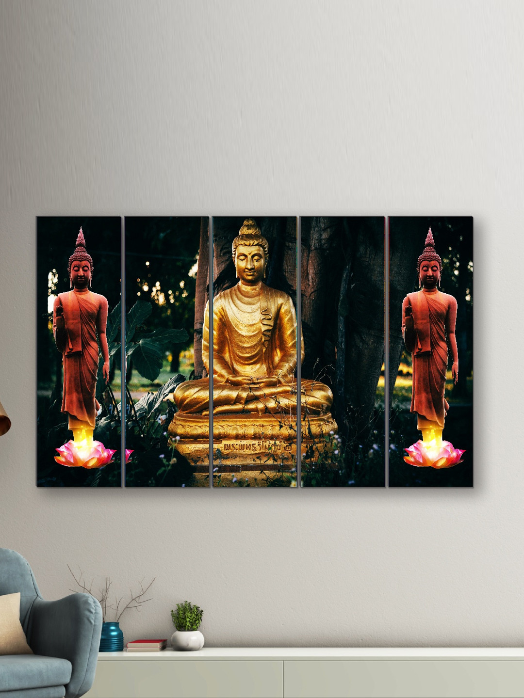 SAF Gold & Orange 5 Pieces Buddha Religious Framed Wall Painting