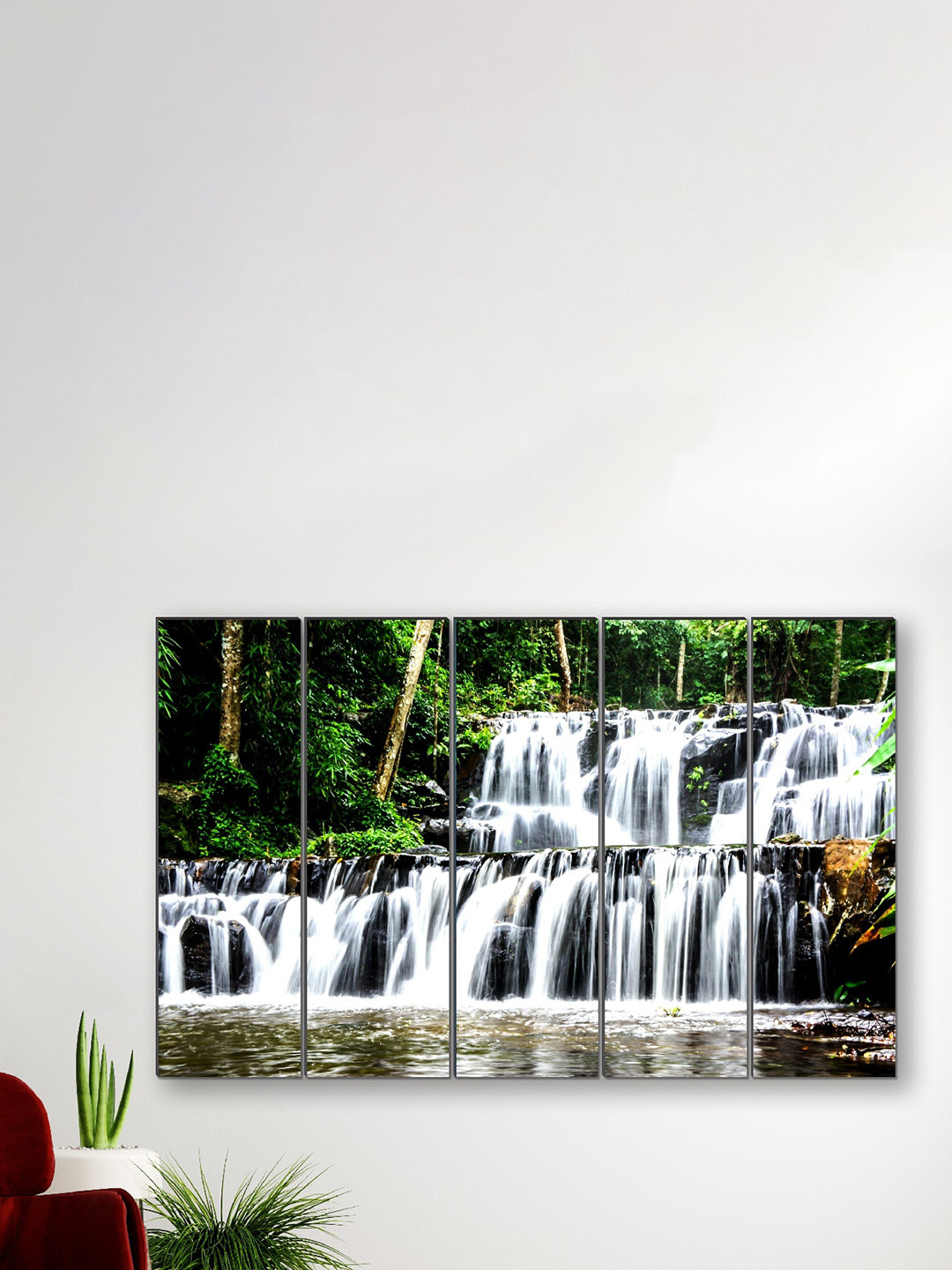 SAF Green & White 5 Pieces Waterfall Nature Framed Wall Painting