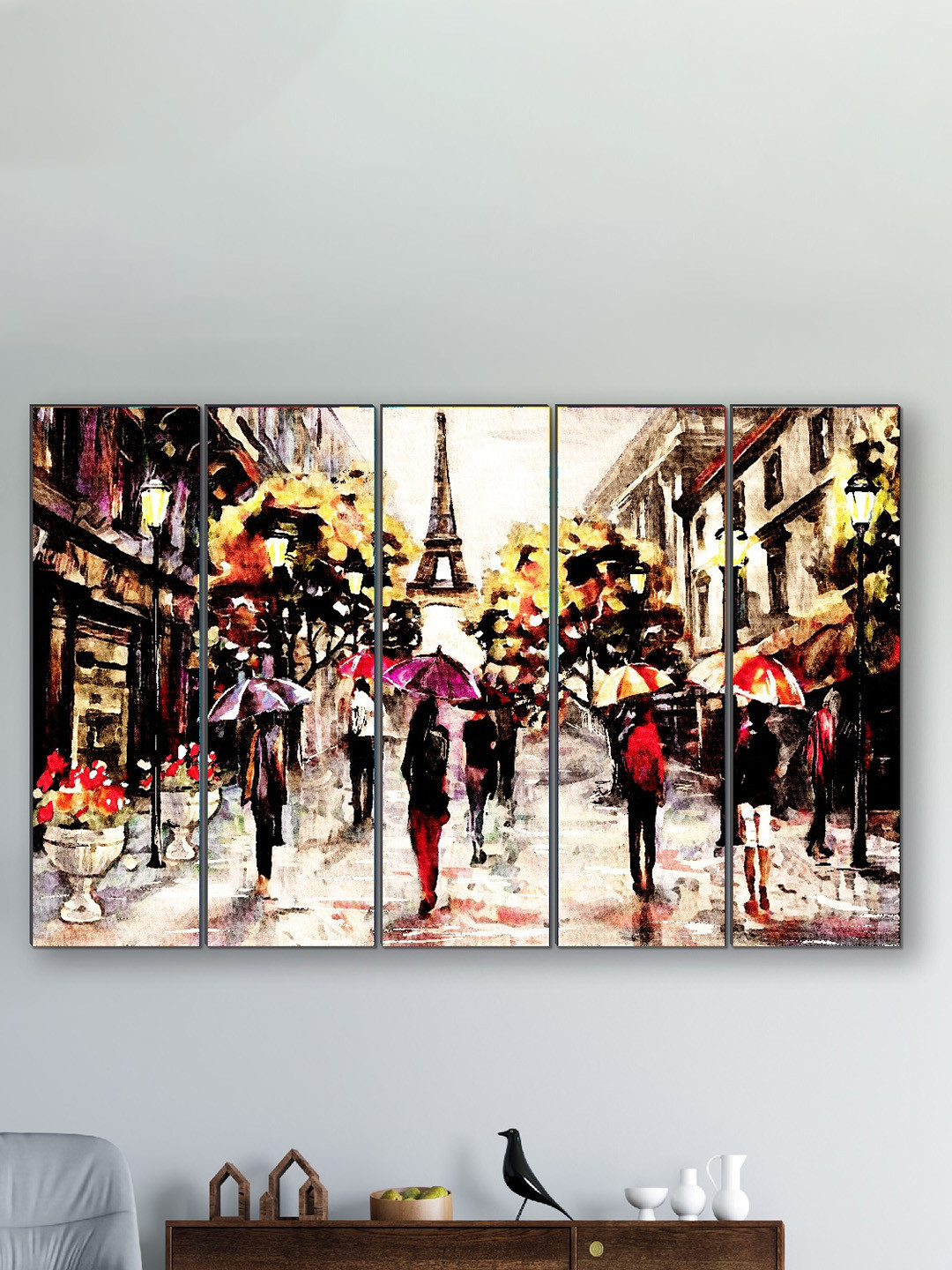 SAF Yellow & Brown 5 Pieces Eiffel Tower Framed Wall Painting