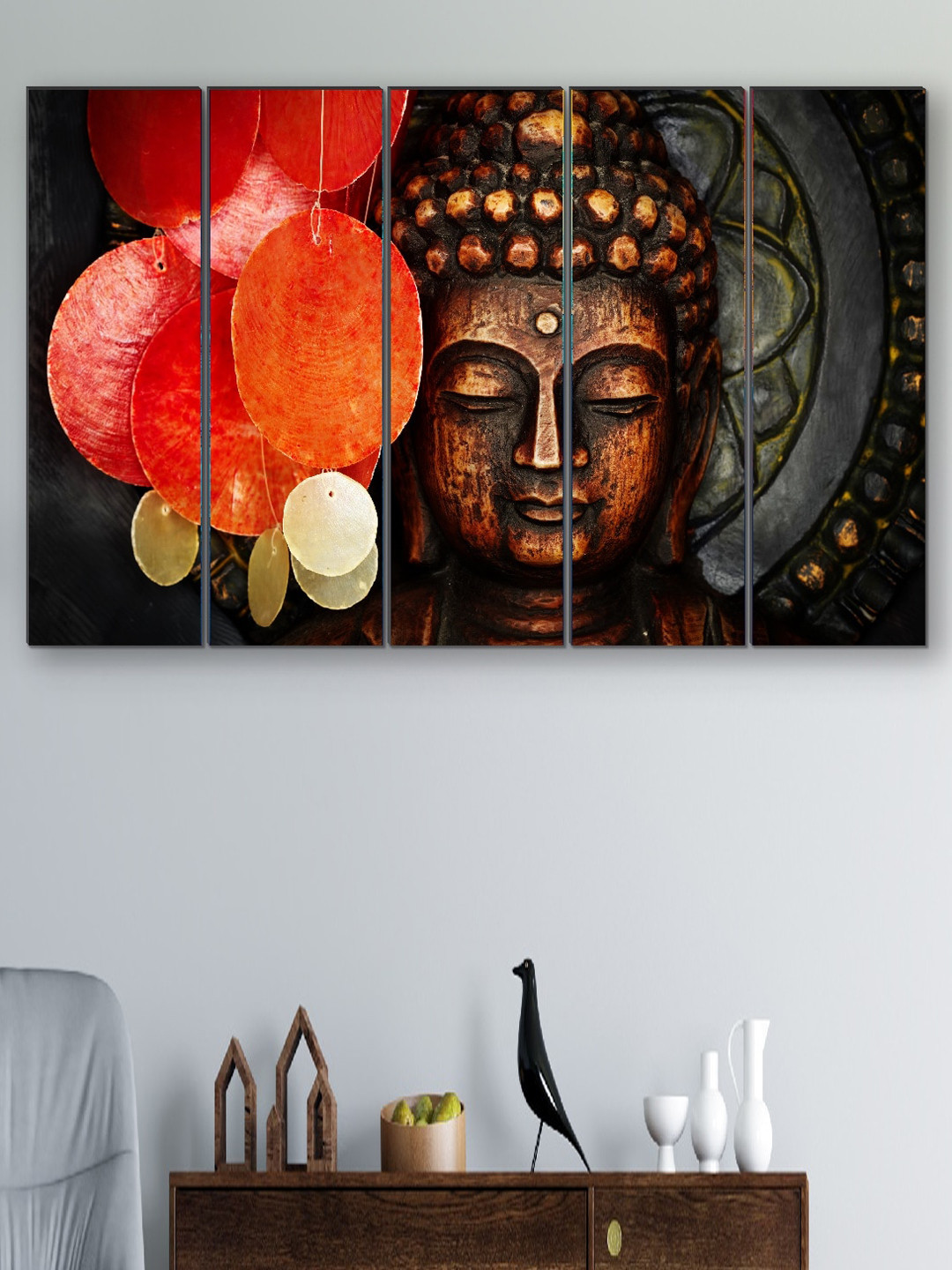 SAF Brown & Orange 5-Pieces Buddha Religious Printed Framed Wall Art