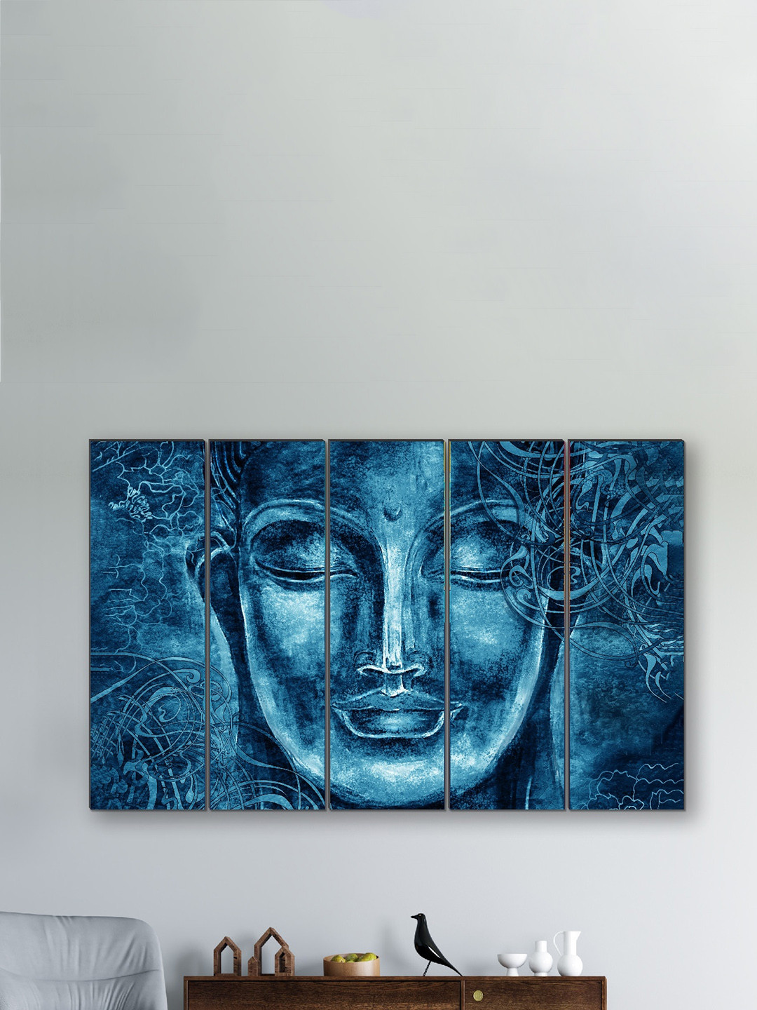 SAF Blue & White 5 Pieces Buddha Religious Painted Framed Wall Art