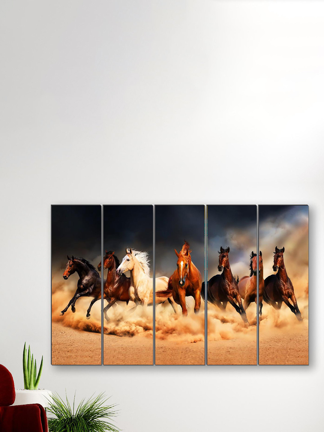 SAF Seven Running horses Wood 5 Pcs Wall Rectangle Paintings Wall Art -30x10In