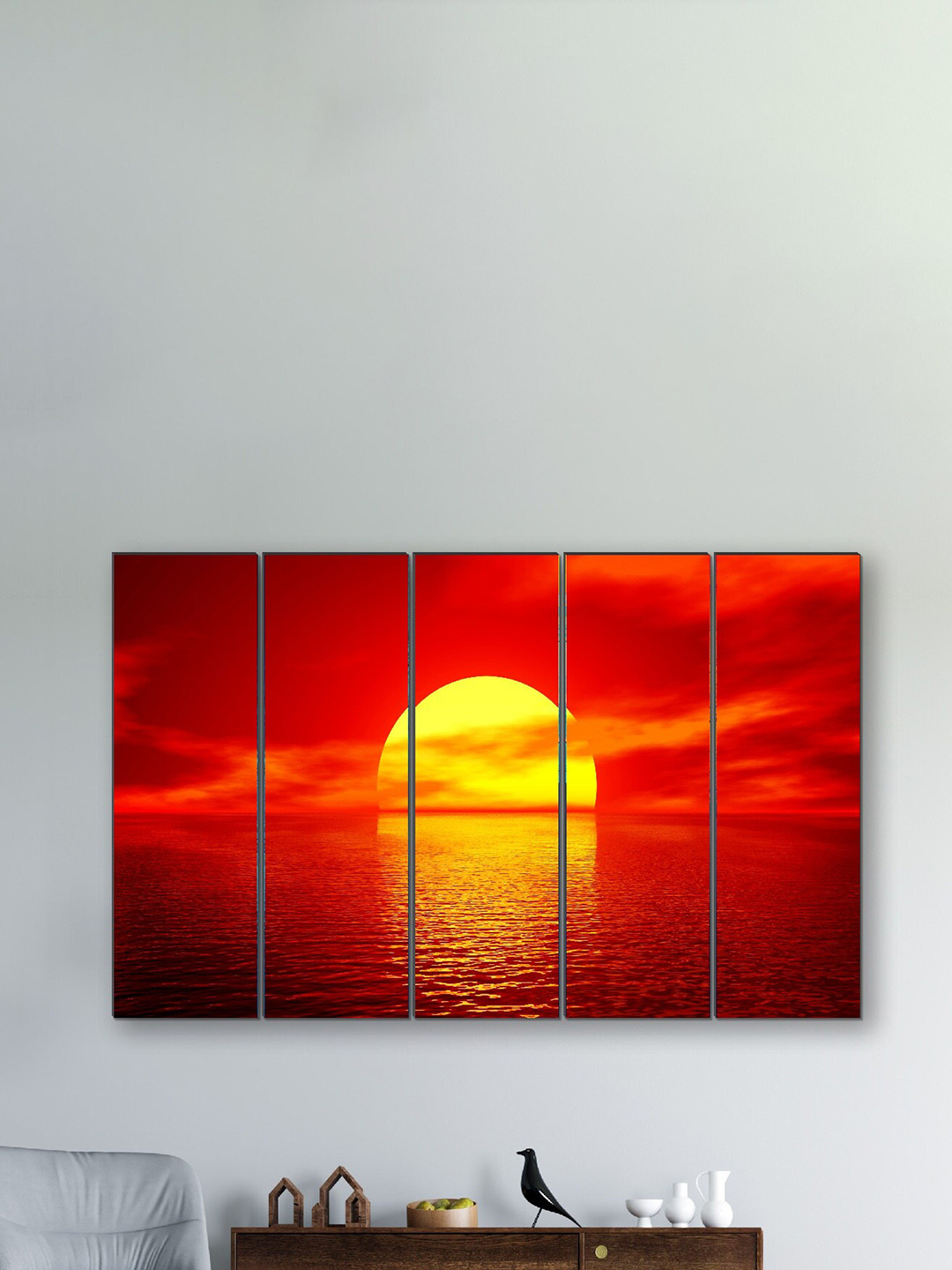 SAF Red & Yellow 5 Pieces Sunrise Landscape Wall Painting
