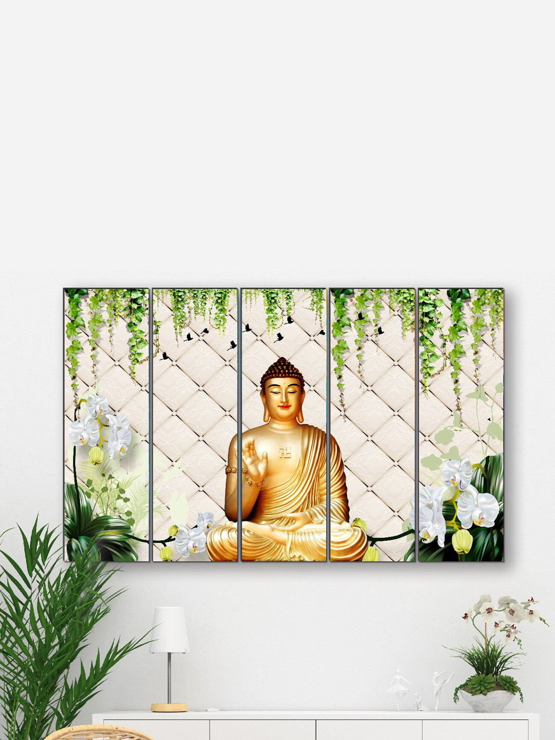 SAF Buddha Wood 5 Piece Wall Rectangle Paintings Wall Art - 30 x 10In
