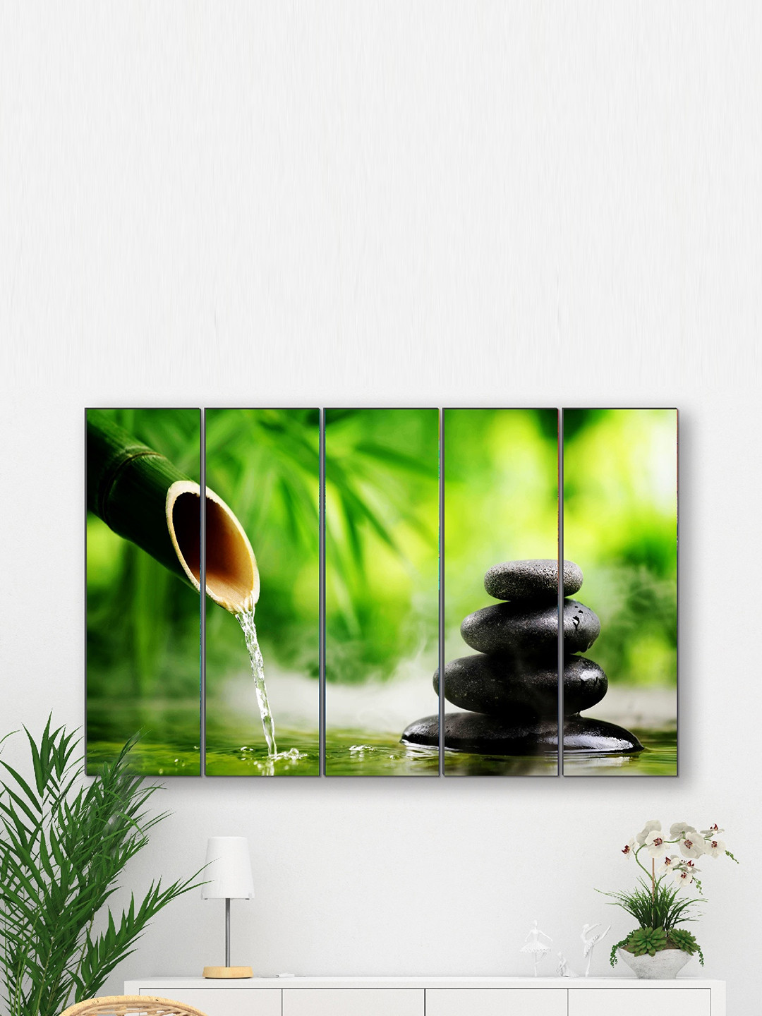 SAF Green & Black 5 Pieces Bamboo Nature Premium Panel Painting Wall Art