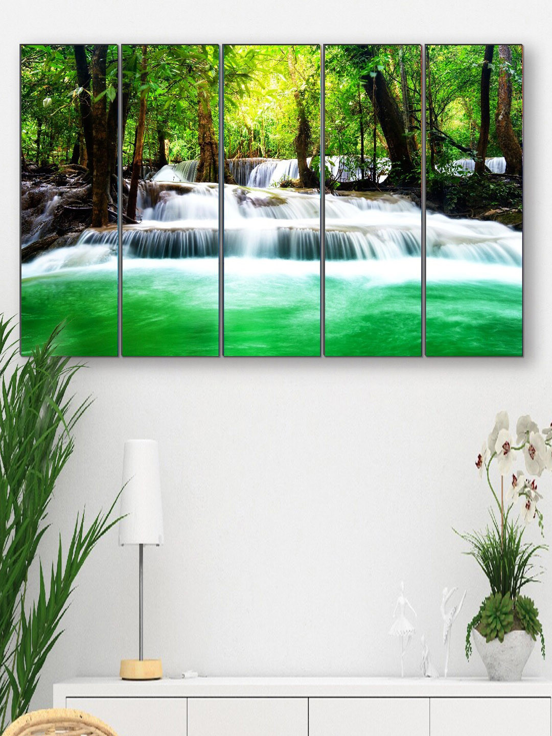 SAF Green, Yellow & White 5 Pieces Printed Wall Art