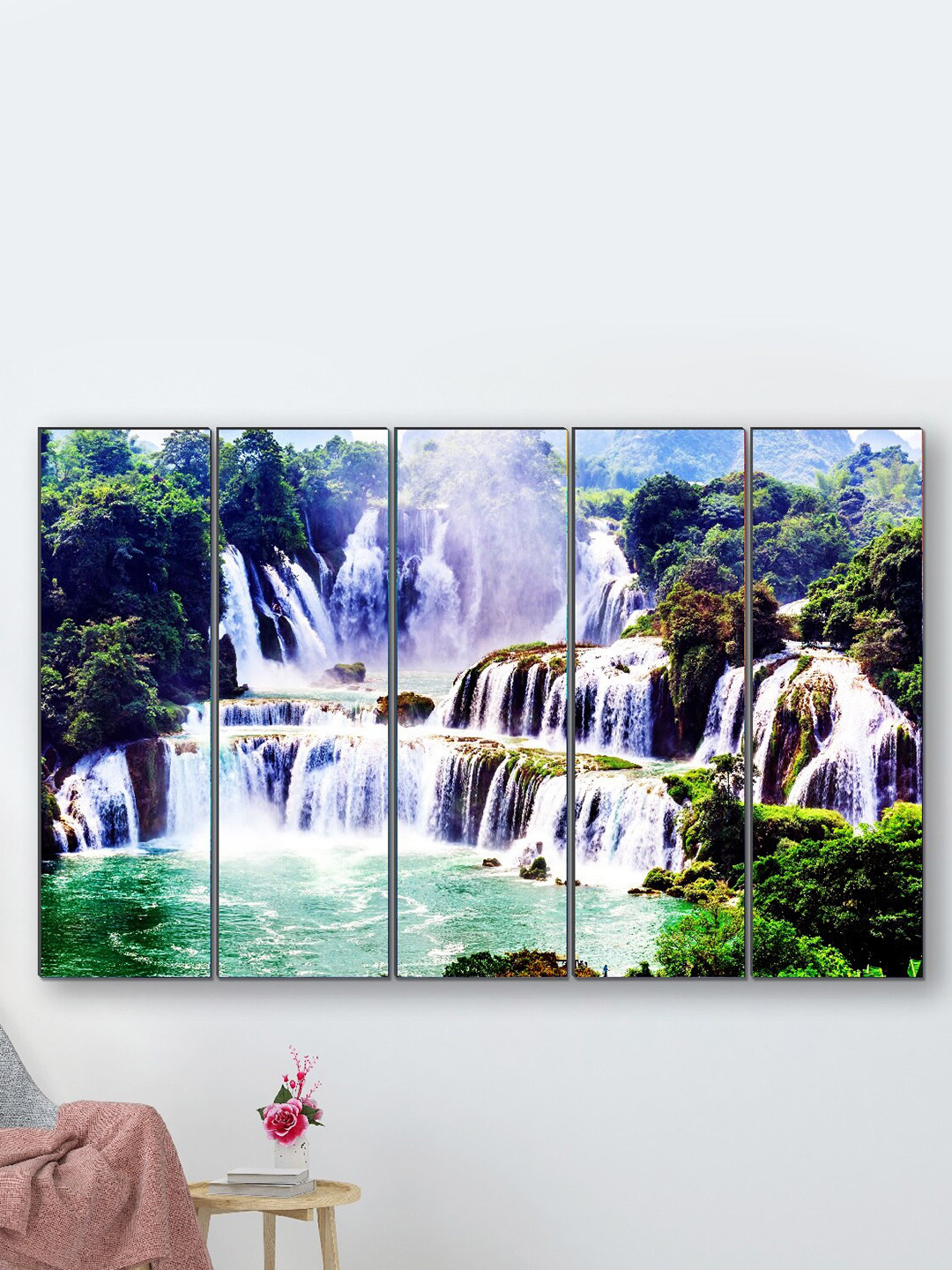SAF Waterfall Nature Wood 5 Pcs Wall Rectangle Paintings Wall Art - 30x10In