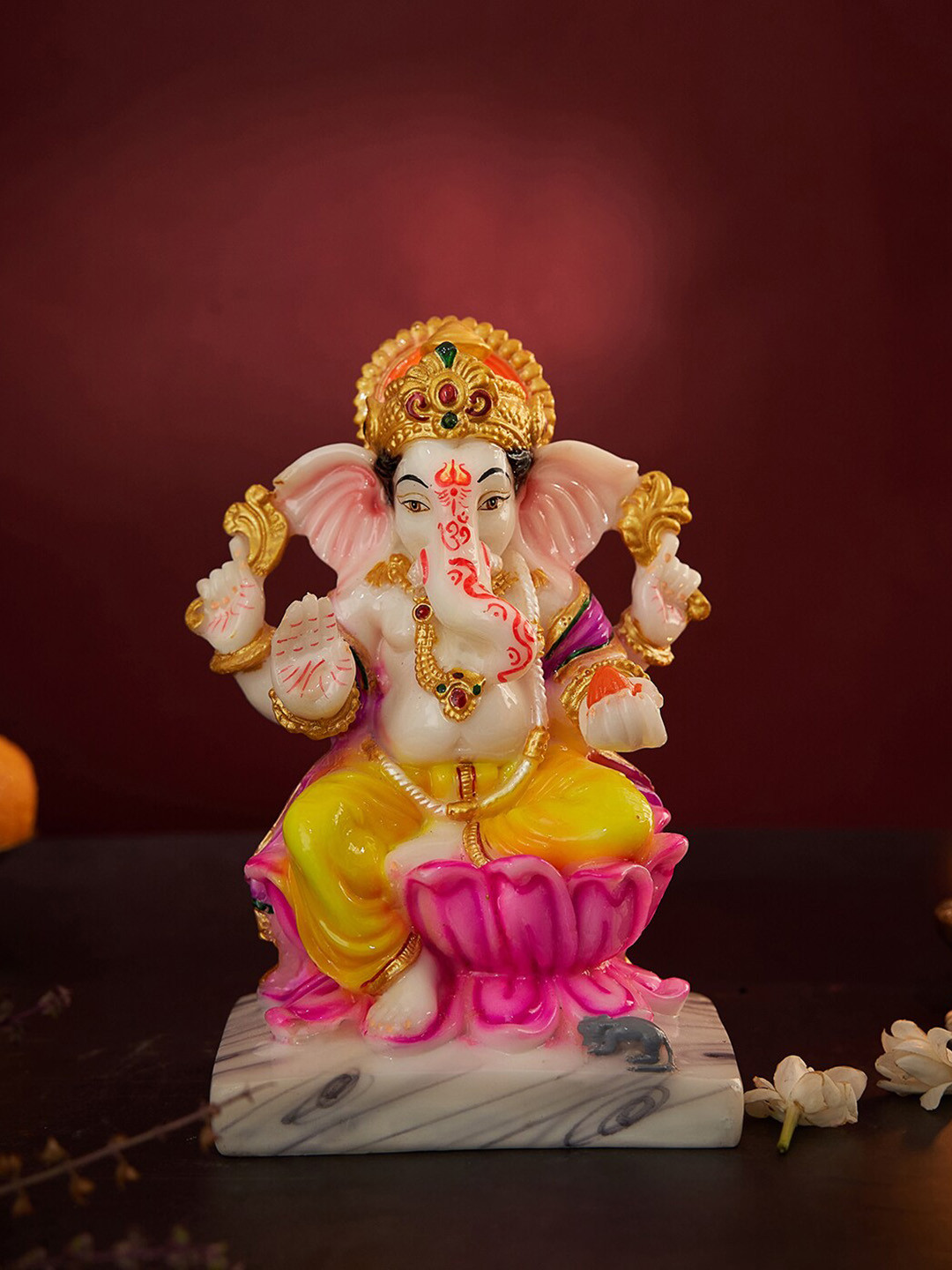 DecorTwist Ganesha White Marble Glossy Prayer Room Hand-Painted Medium Showpiece - 3.1 Inches