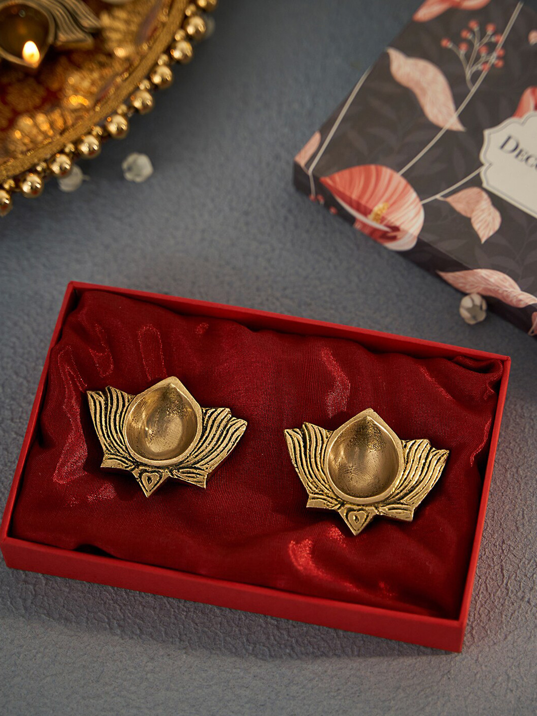 DecorTwist Gold-Toned 2 Pieces Lotus Diya With Gift Box