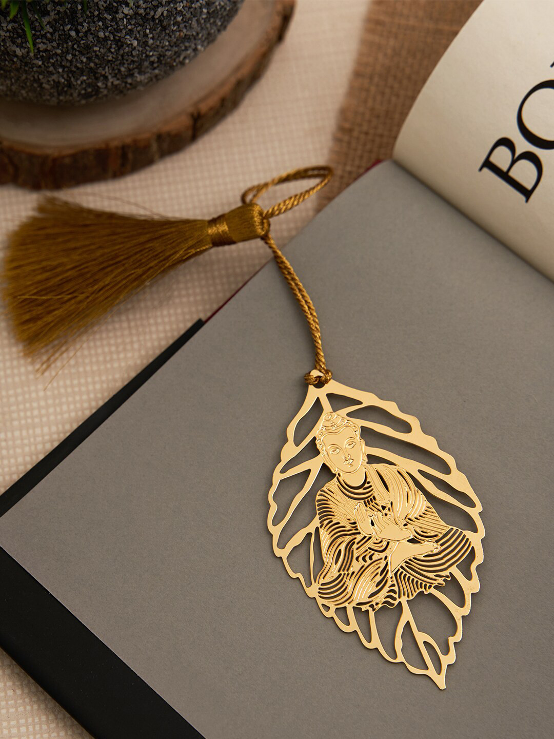 DecorTwist Gold Toned Leaf Shaped  Lord Buddha Brass Bookmark