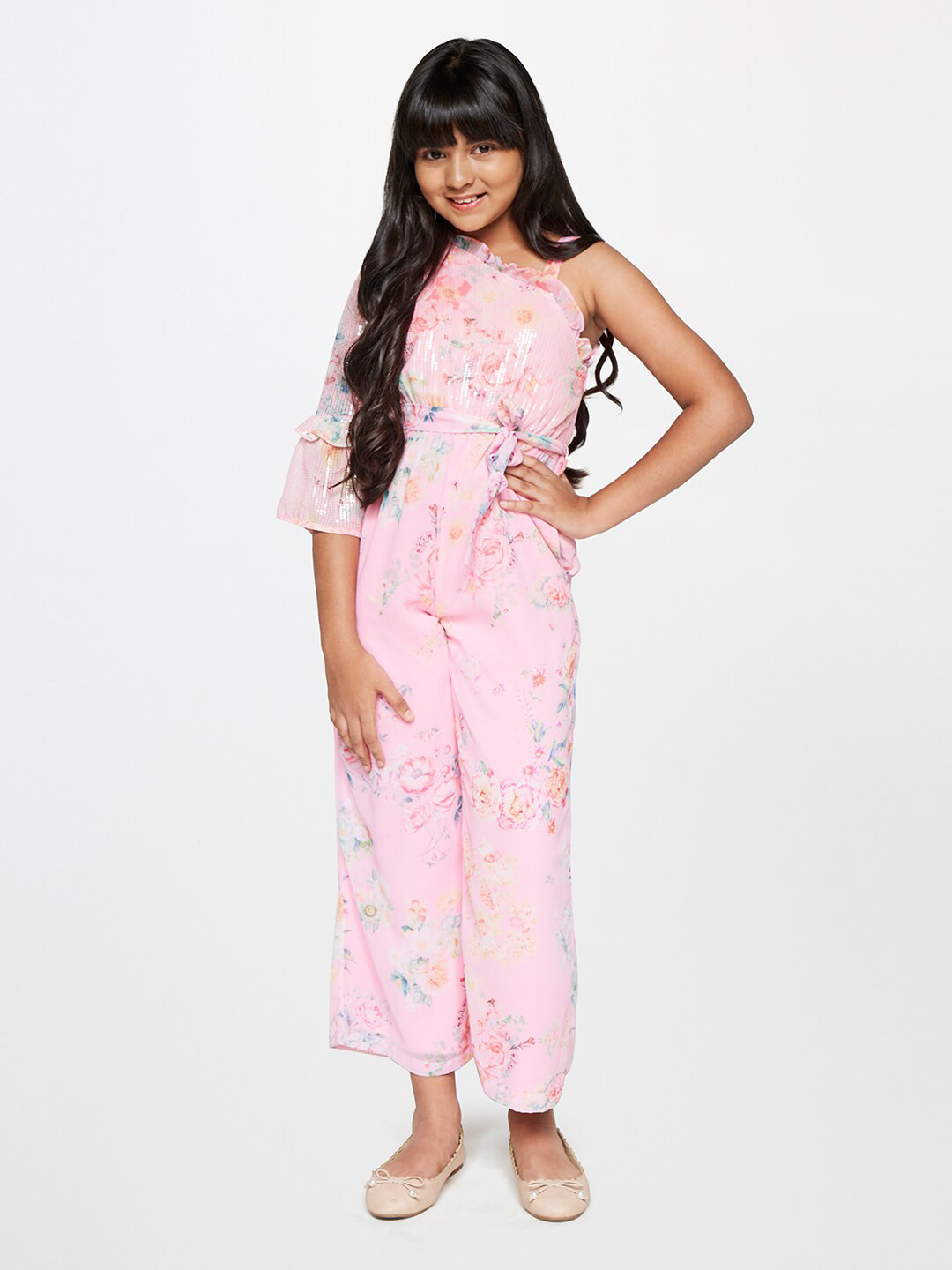 AND Girls Floral Printed Belted Sequined Basic Jumpsuit