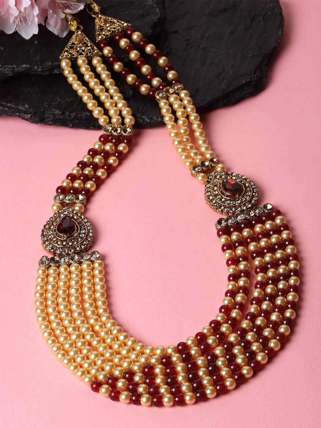 Sanjog Men Gold-Plated Beaded Brass Layered Statement Dulha Moti Mala Haar Groom Necklace