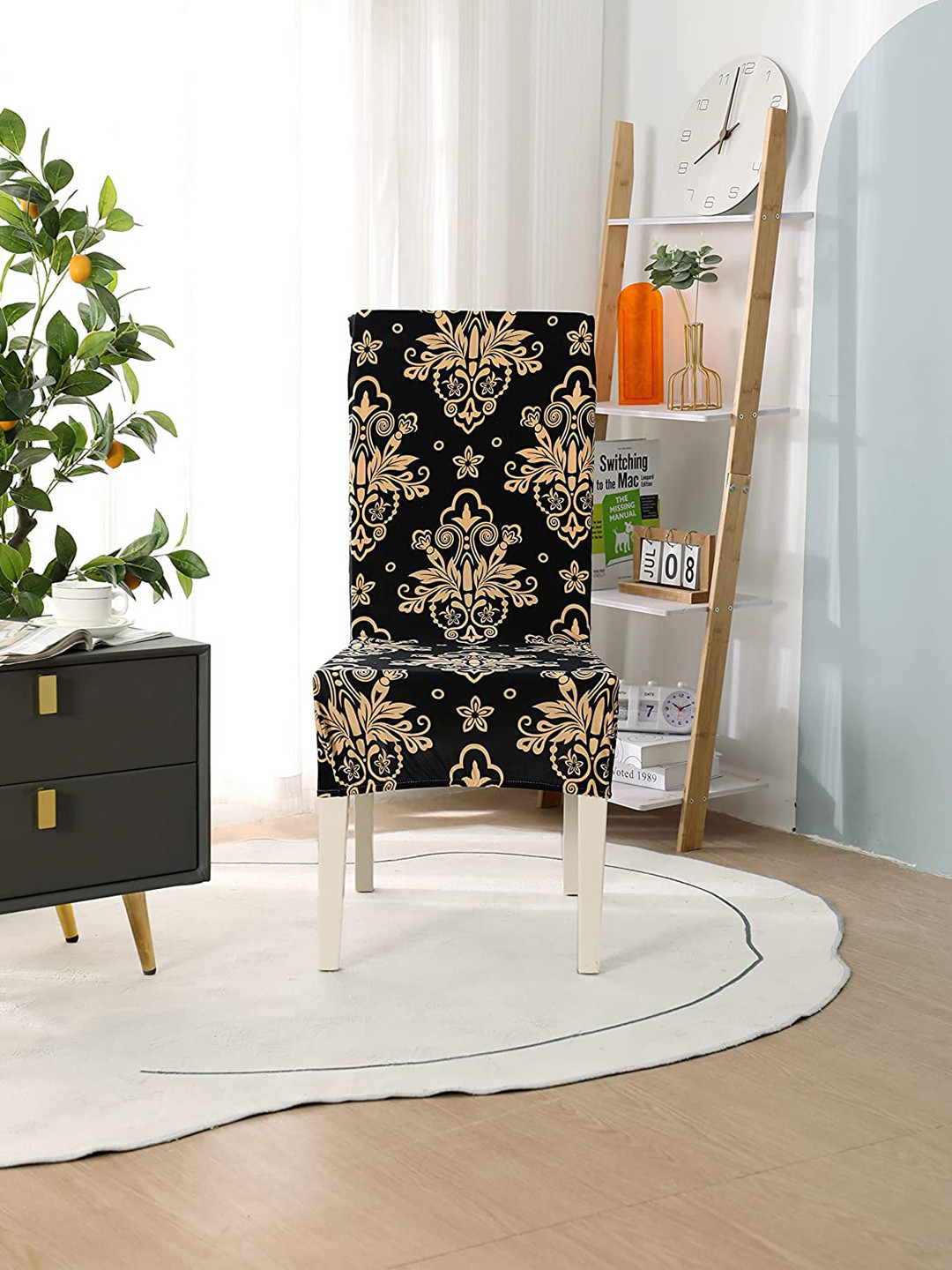 HOUSE OF QUIRK Black & Beige 2 Pieces Printed Removable Dining Chair Covers