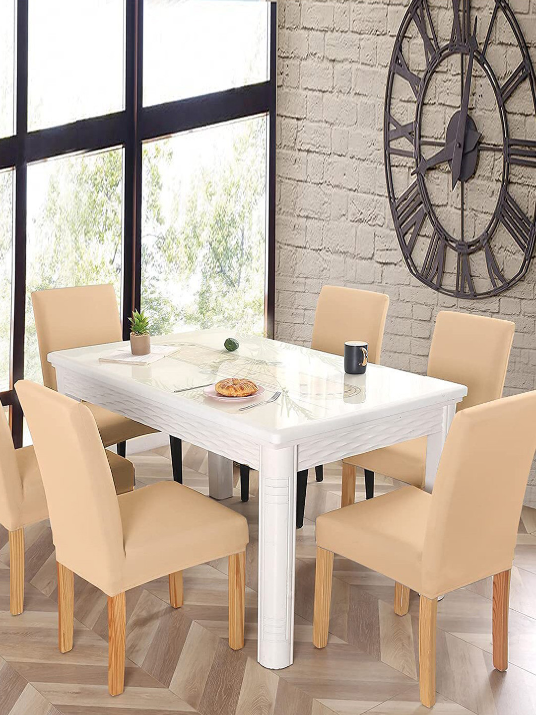 HOUSE OF QUIRK Cream Colored 6 Pieces Removable Stretchable Chair Covers