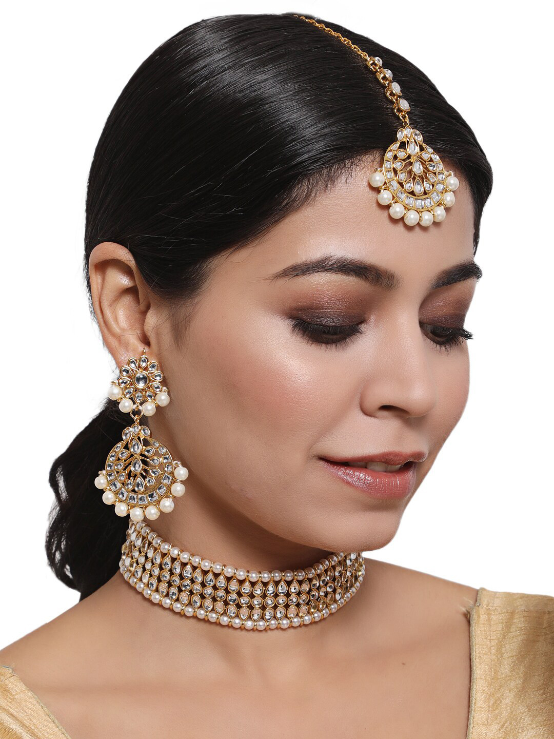 Anouk Off-White Gold-Plated & Artificial Beads Kundan Jewellery Set