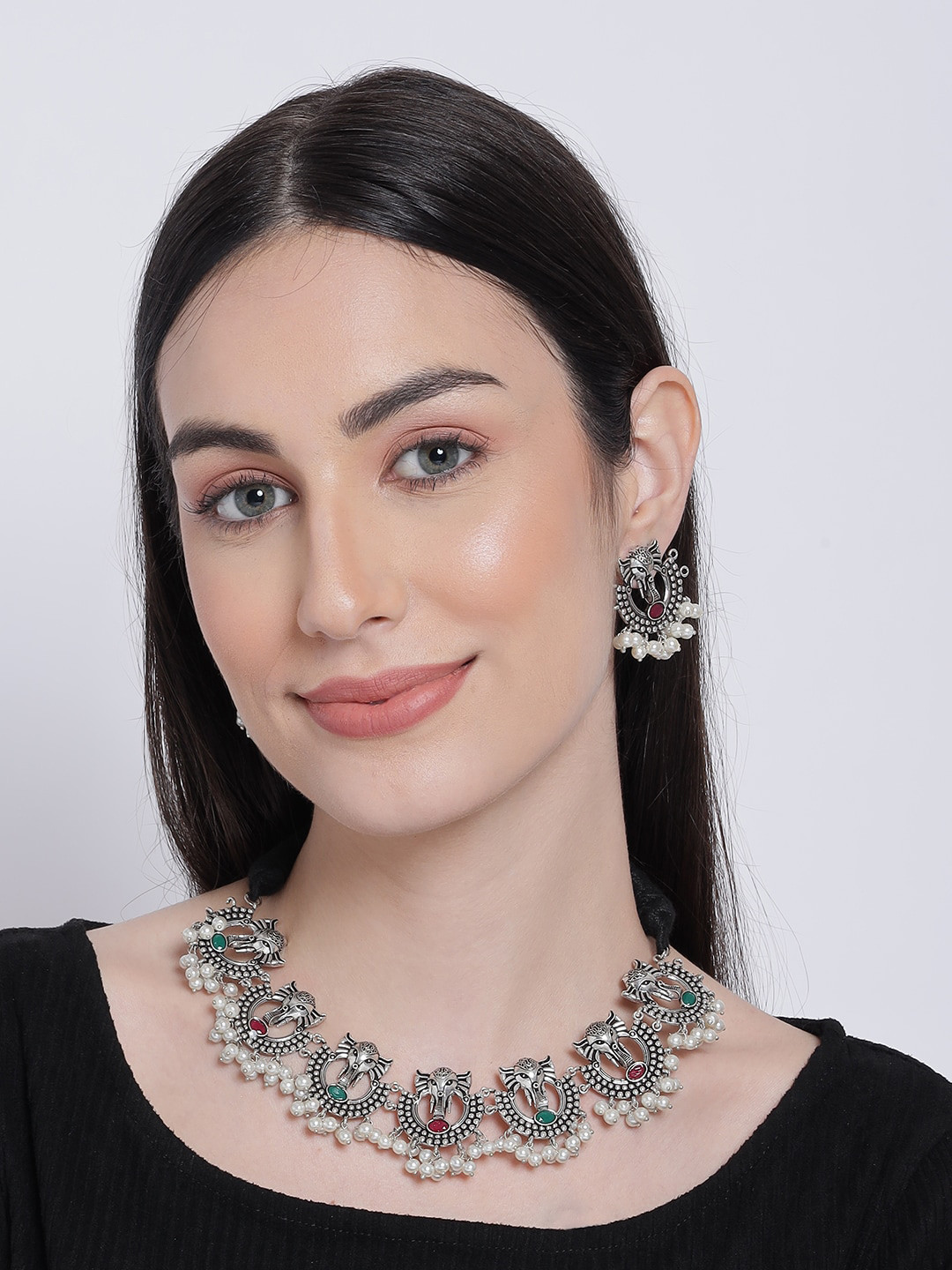 Anouk White & Red Silver-Plated Choker Necklace With Drop Earrings
