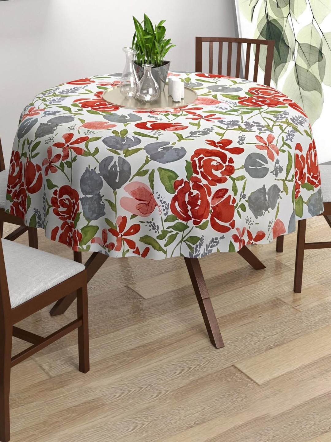 Trance Home Linen White & Red Floral 4-Seater Premium Cotton Table Cover