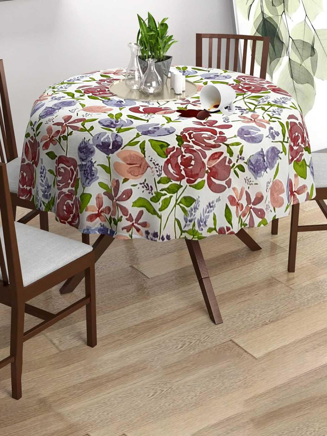 Trance Home Linen Floral Printed Circular Shaped Cotton Table Cloth