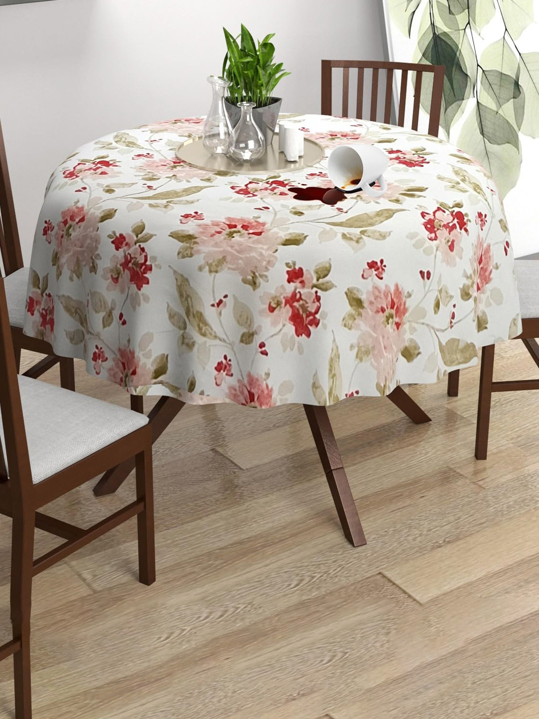Trance Home Linen Pink & White Floral Printed 4-Seater Cotton Circular Table Cloth
