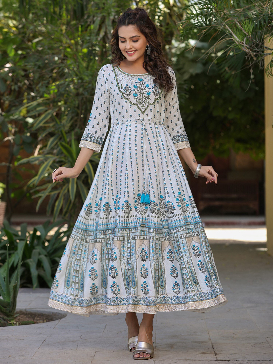 Juniper Off White & Blue Printed Fit & Flared Anarkali Maxi Ethnic Dress