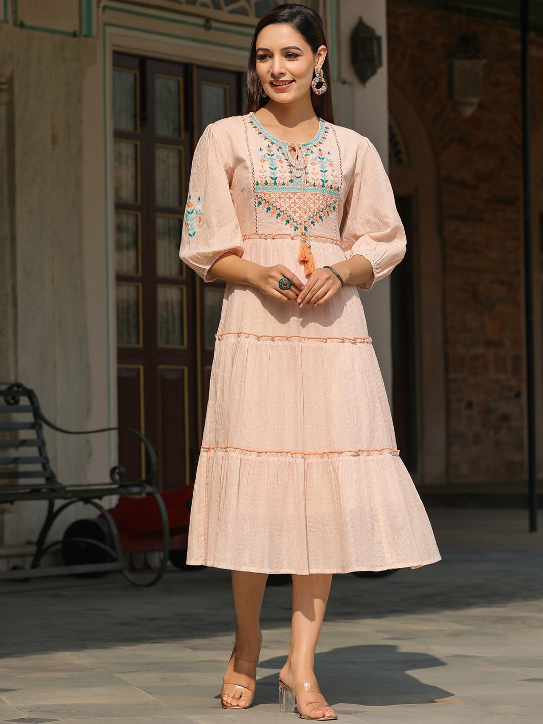 Juniper Peach & Blue Embroidered Cotton Dobby Tie-Up Neck Tiered Midi Ethnic Dresses