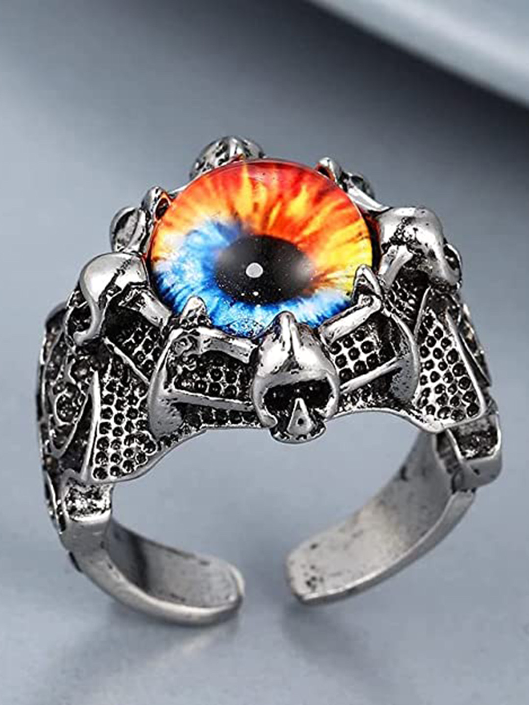 VIEN Silver-Plated & Stone-Studded With Devil Eye-Charm Finger Ring