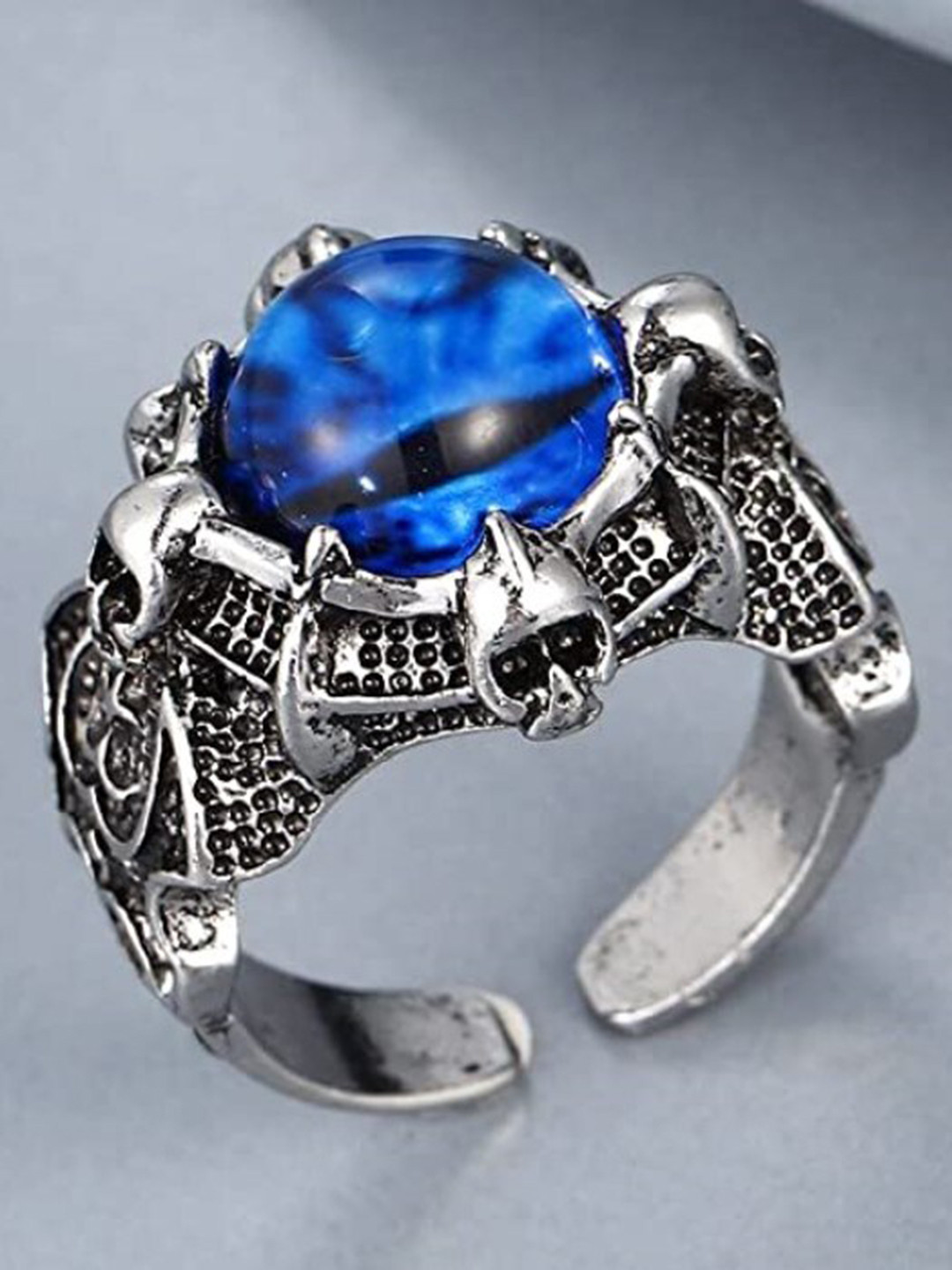 VIEN Silver-Plated Stone-Studded Devil's Eye Adjustable Finger Ring