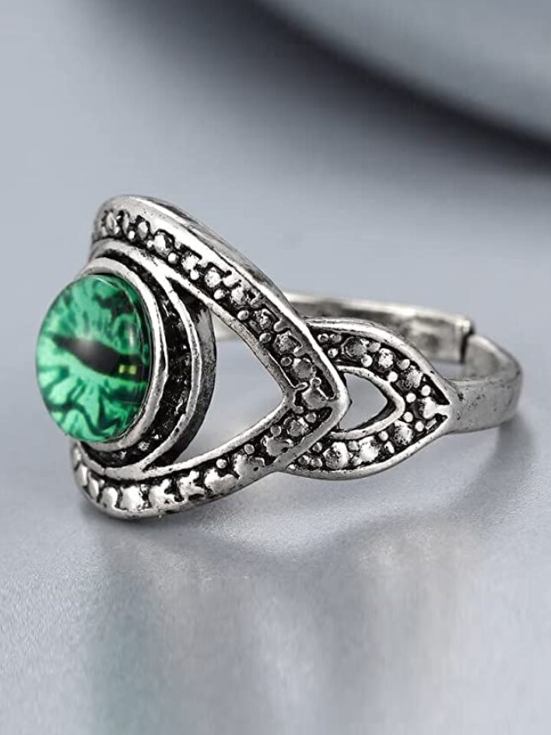 VIEN Silver-Plated Stone-Studded Devil Eye Brass Finger Ring