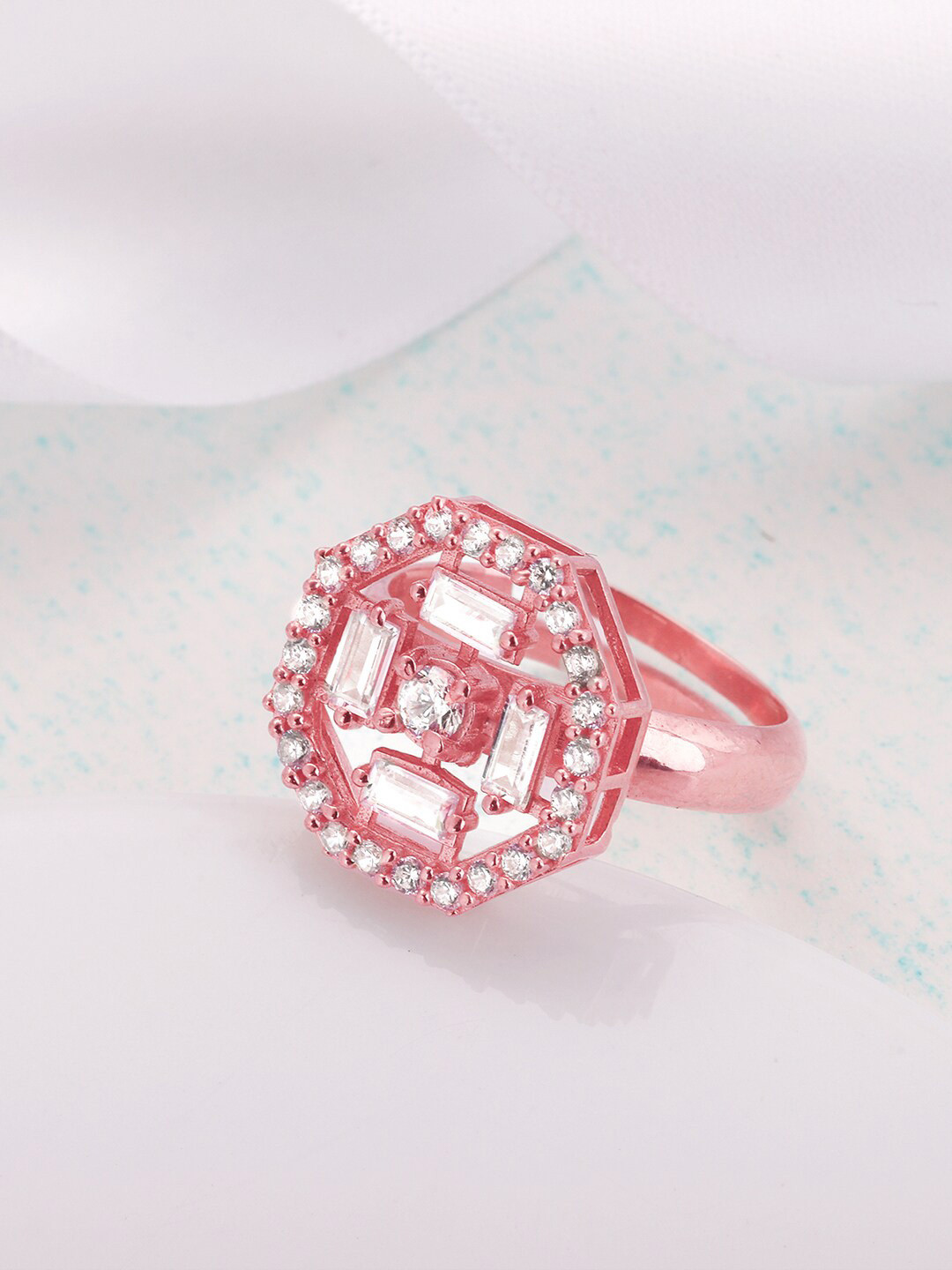 GIVA Rose Gold-Plated CZ-Studded Octagon Shaped Sterling Silver Finger Ring