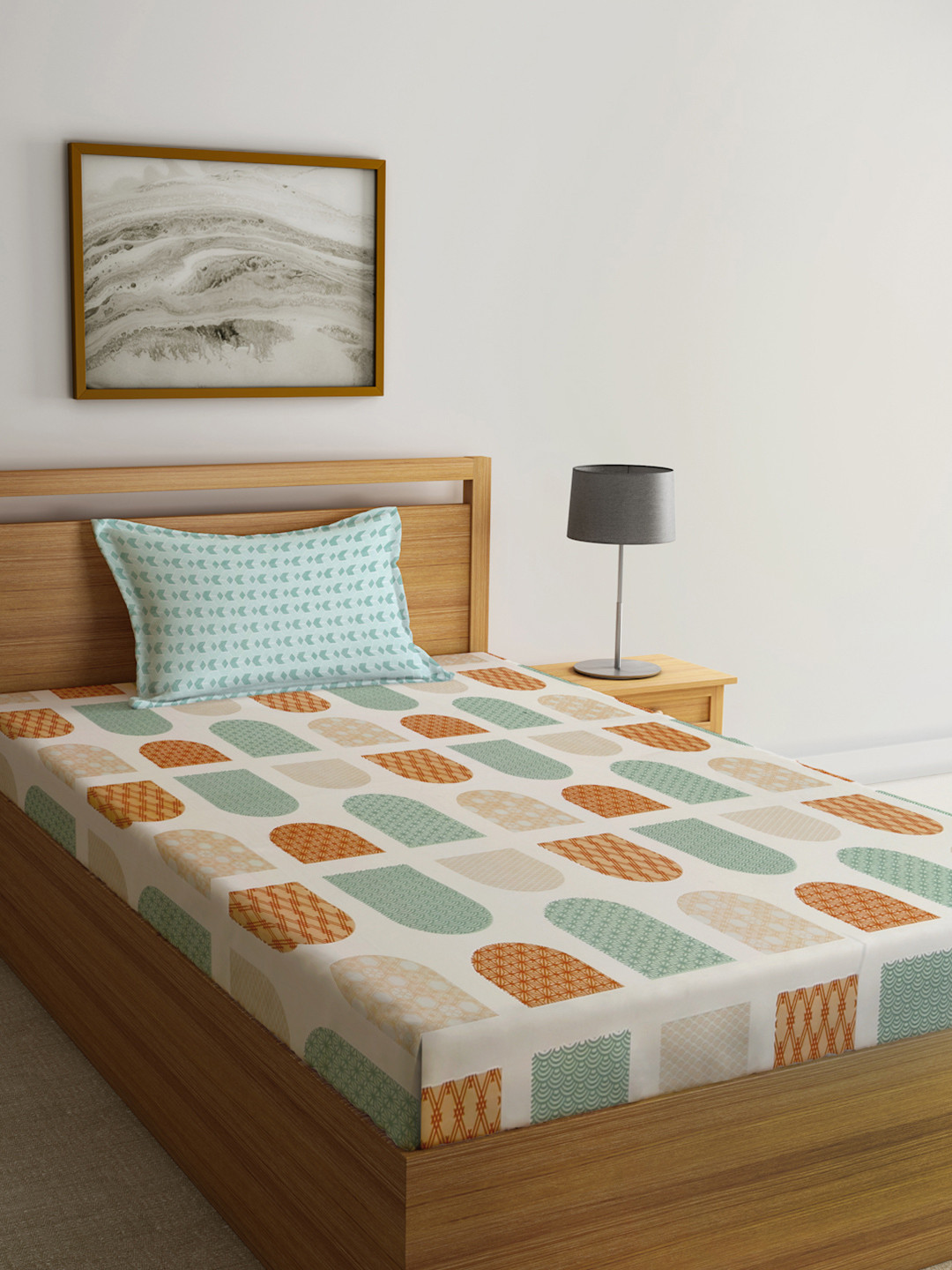 KLOTTHE Book Fold Green Geometric Polycotton Soft Feel 300 TC Fitted Single Fine Bedsheet with a Pillow Cover-87 x 59 inches