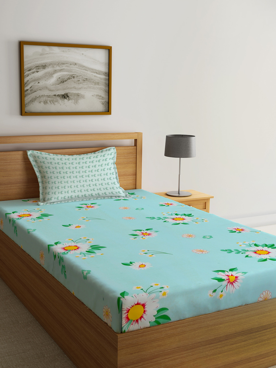 KLOTTHE Book Fold Blue Floral Polycotton 300 TC Fitted Single Fine Bedsheet with a Pillow Cover-87 x 59 inches