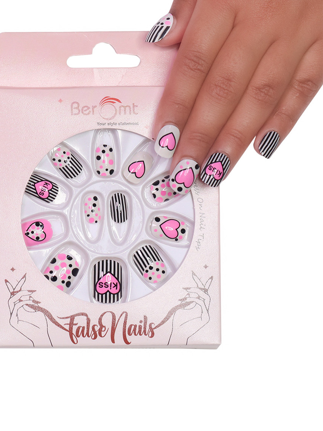 BEROMT 12 Pcs Long-Lasting False Pre-Glued Nails with Kit - Shade 76