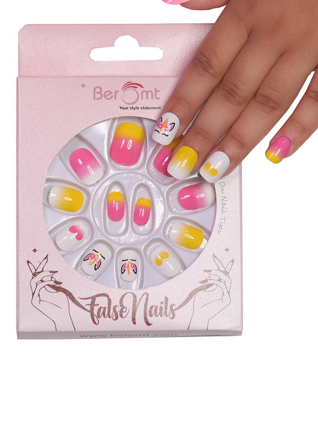 BEROMT 12 Pcs Long-Lasting False Pre-Glued Nails with Kit - Shade 70