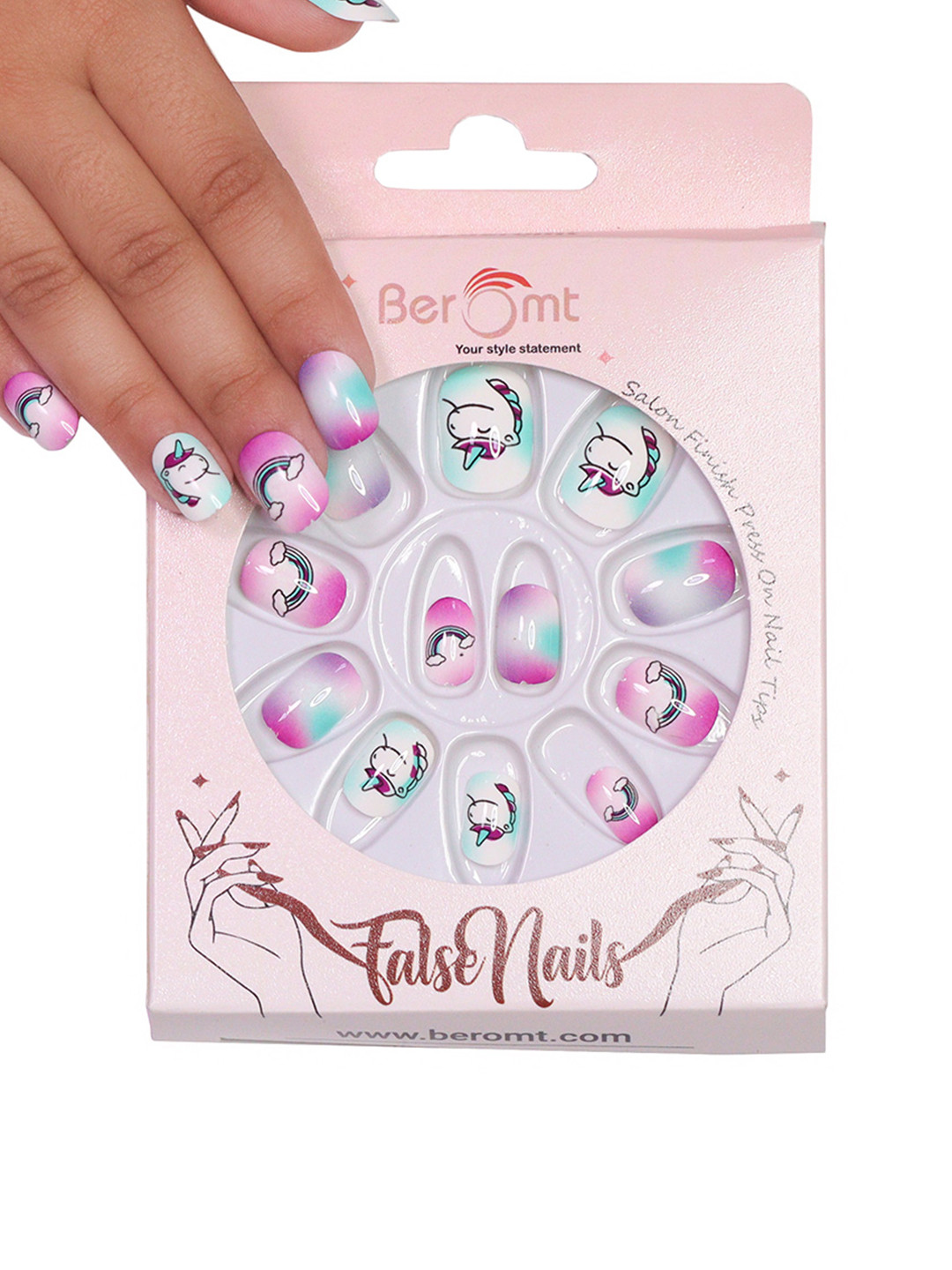 BEROMT 12 Pcs Long-Lasting False Pre-Glued Nails with Kit - Shade 74