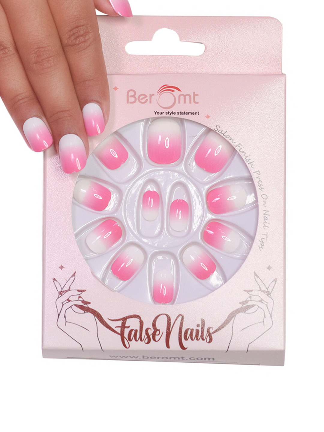 BEROMT 12 Pcs Long-Lasting False Pre-Glued Nails with Kit - Shade 77