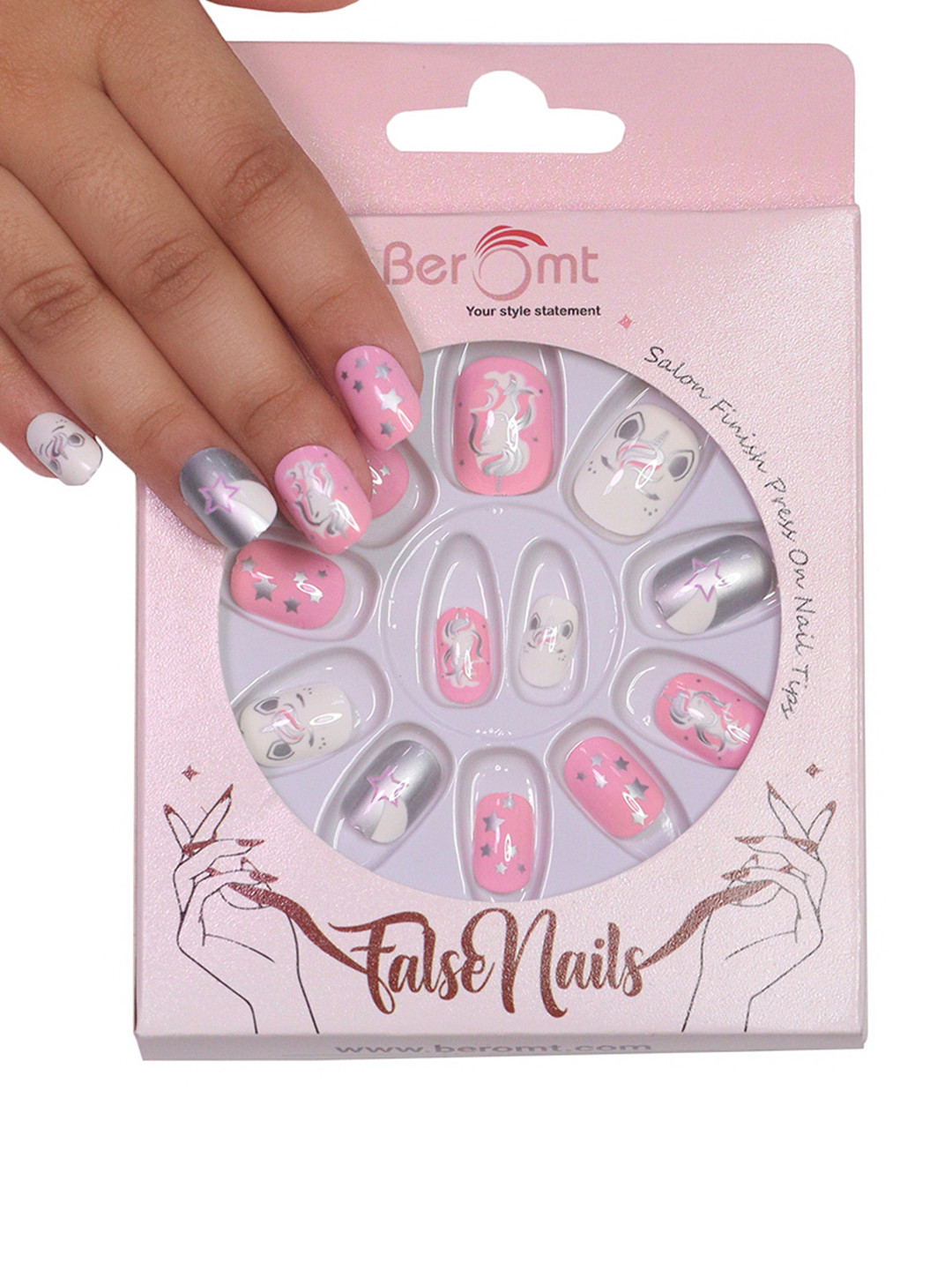 BEROMT 12 Pcs Long-Lasting False Pre-Glued Nails with Kit - Shade 80