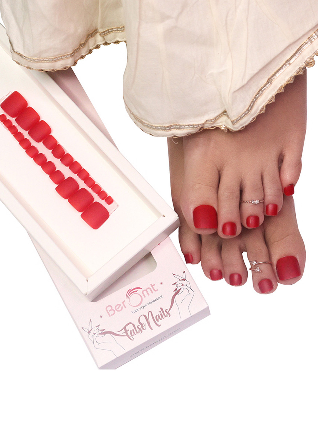 BEROMT Salon Finish Press On Toe Nail Tips with Kit 30g - Red 276
