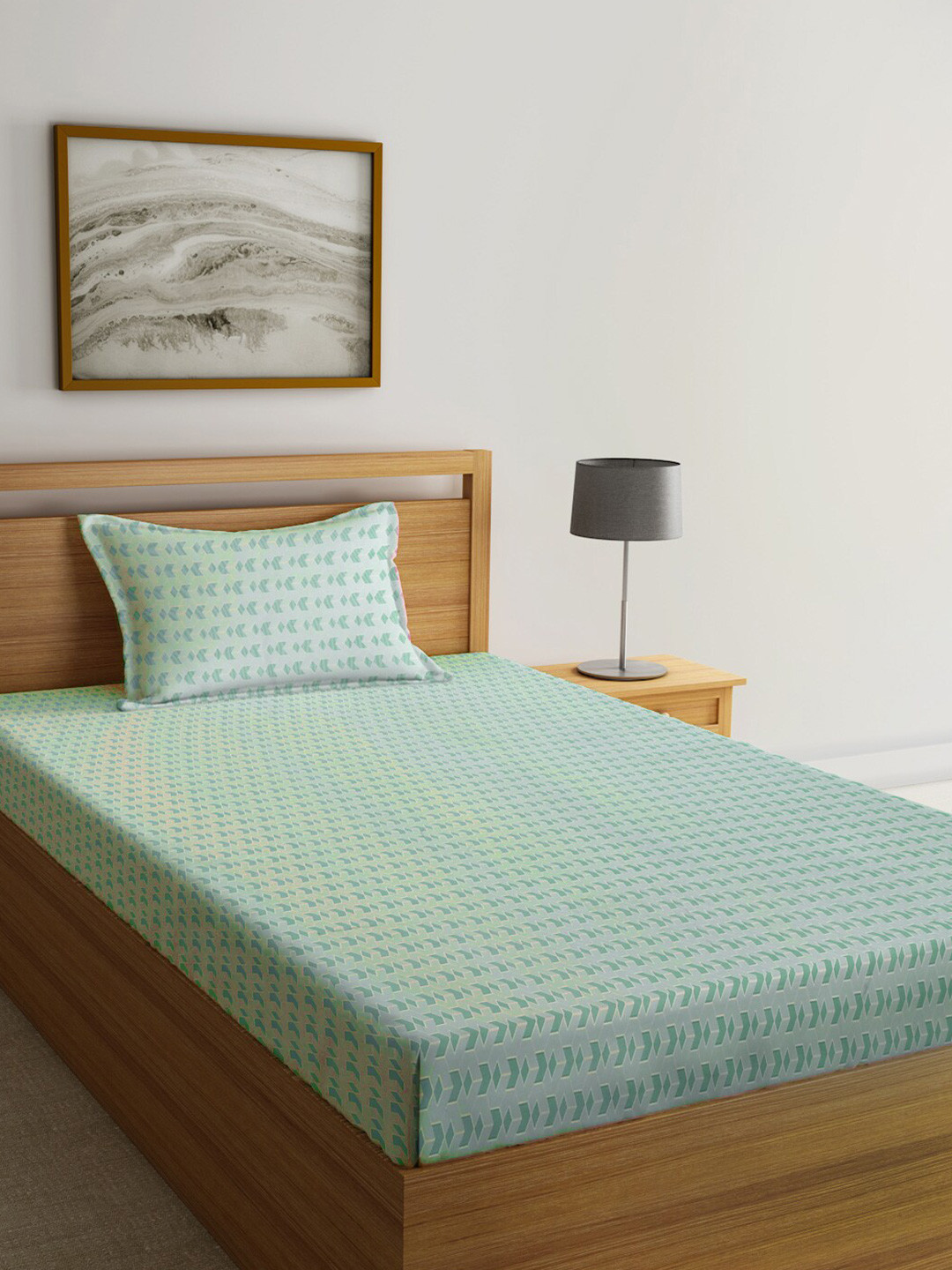 KLOTTHE Green Geometric Printed 300 TC Single Bedsheet With Pillow Cover