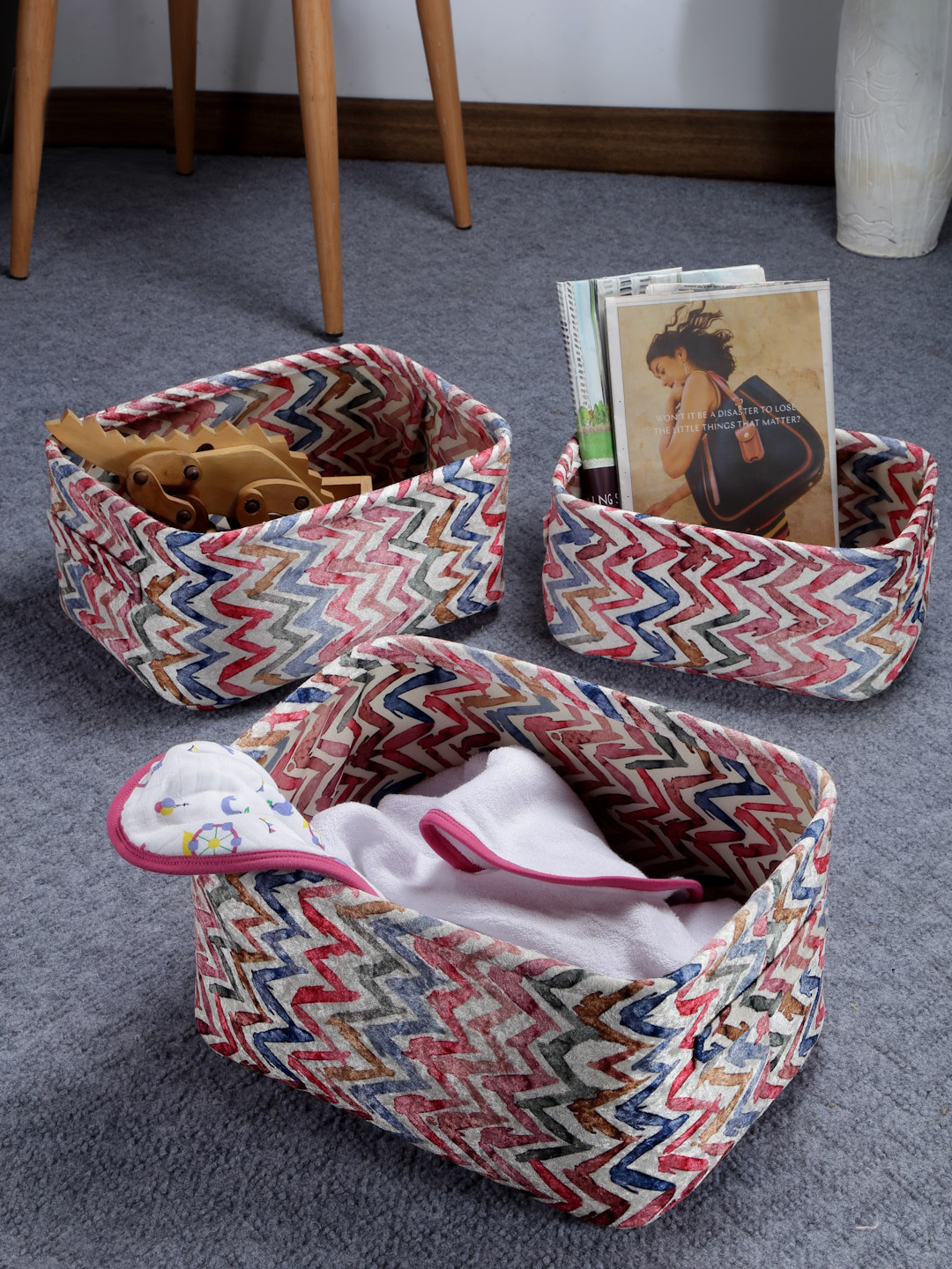 FABINALIV Red & Blue 3 Pieces Zig Zag Printed Rectangular Multi Purpose Organisers