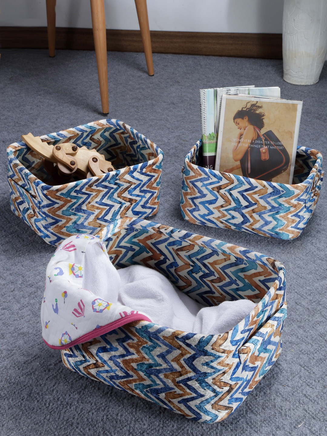 FABINALIV Sky Blue & White 3 Pieces Zig Zag Printed Multi Purpose Storage Basket