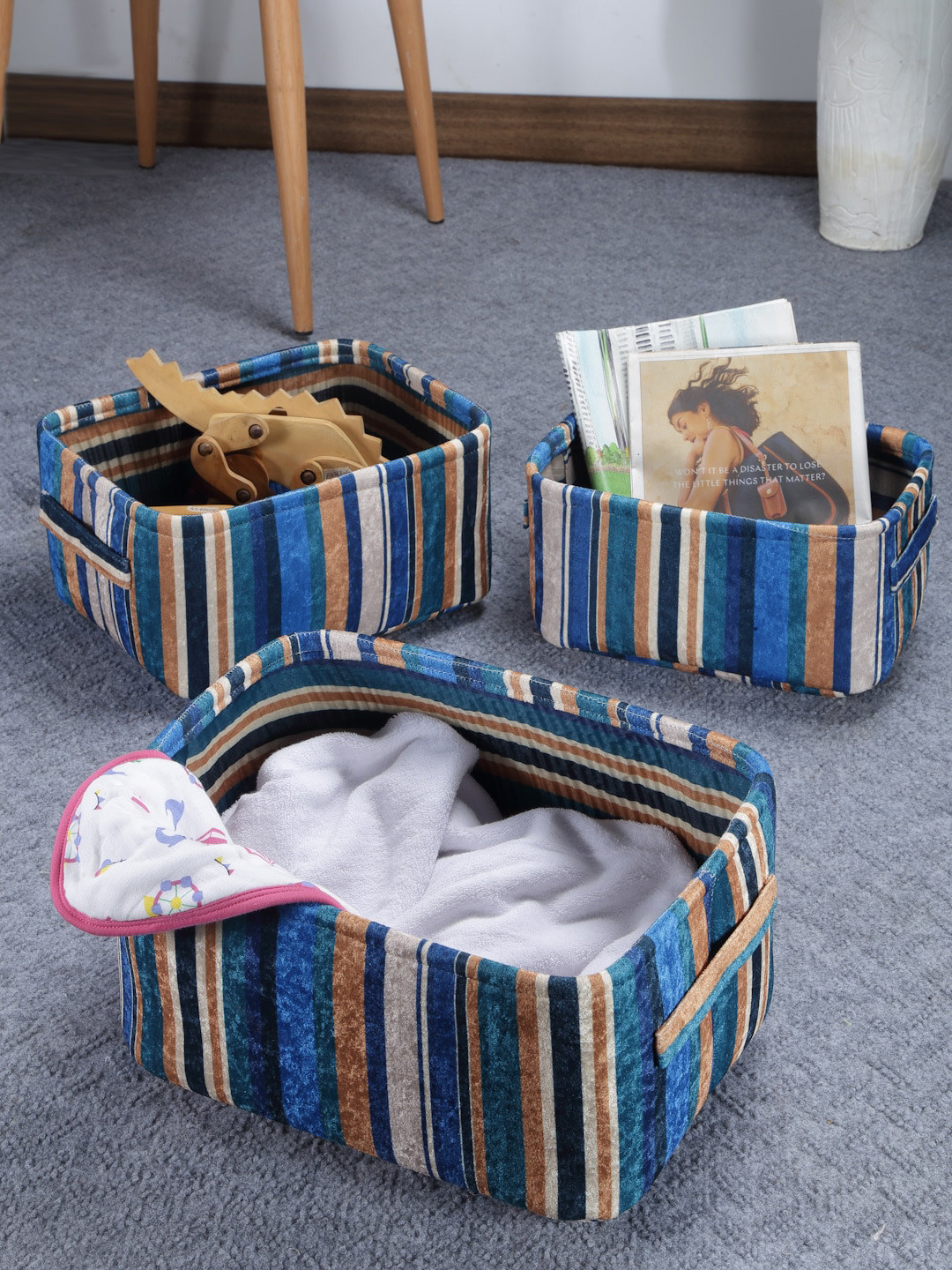 FABINALIV Blue & Brown 3 Pieces Striped Rectangular Multi Purpose Organisers